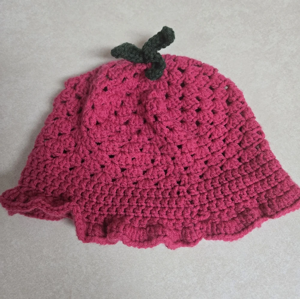 Girl's Raspberry Crochet Bucket Hat - Picture 2 of 15